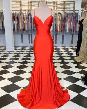 Simple Orange Spaghetti Straps Satin Mermaid Prom Dress PM1806