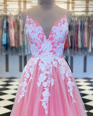 Peach Spaghetti Straps Tulle Pleated Prom Dress with Lace Applique PM1808