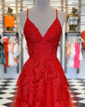 Red Spaghetti Straps Lace Appliqued Tulle Prom Dress PM1810