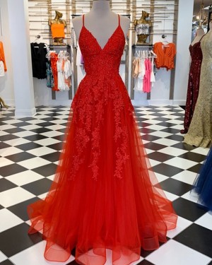 Red Spaghetti Straps Lace Appliqued Tulle Prom Dress PM1810