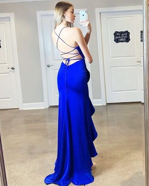 Royal Blue Spaghetti Straps Mermaid Prom Dress with Slit PM1811