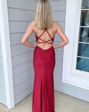 Simple Spaghetti Straps Burgundy Satin Mermaid Prom Dress PM1813