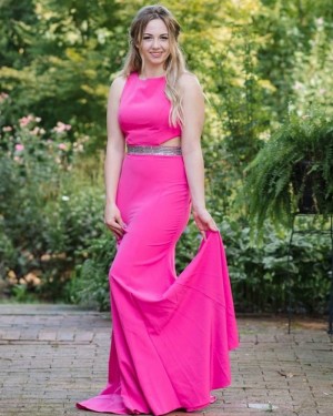 Jewel Neck Cutout Fuchsia Mermaid Satin Prom Dress with Beading Belt PM1825