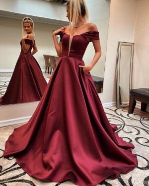Burgundy V-neck Satin A-line Prom Dress with Pockets PM1829