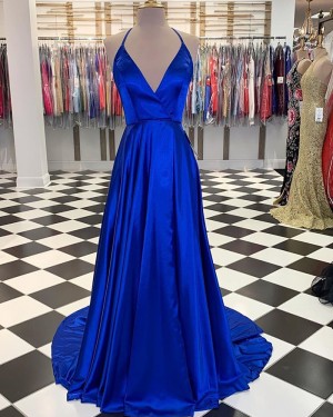 Simple Blue Satin Halter A-line Long Prom Dress with Slit PM1830