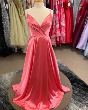 Simple Peach Pink Spaghetti Straps Ruched Satin Prom Dress PM1831