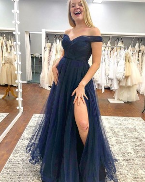 Navy Blue Off the Shoulder Tulle Pleated Prom Dress with Side Slit PM1833