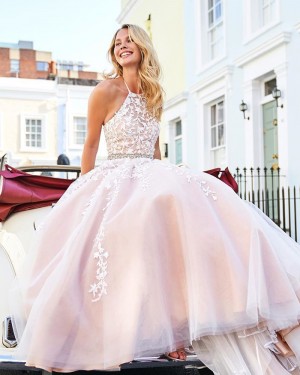 Lace Appliqued Halter Light Pink Tulle Prom Dress PM1836