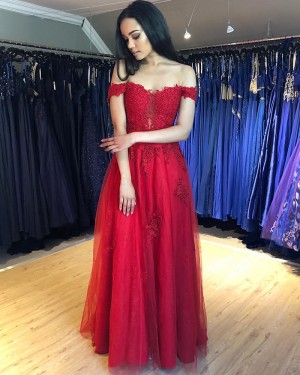 Lace Appliqued Off the Shoulder Red Prom Dress PM1844