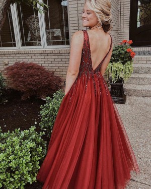 Beading Bodice V-neck Red Prom Dress with Side Slit PM1850