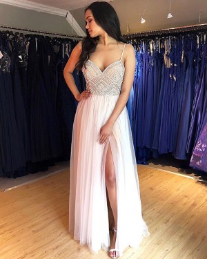 White Spaghetti Straps Beading Bodice Pleated Tulle Prom Dress with Side Slit PM1852