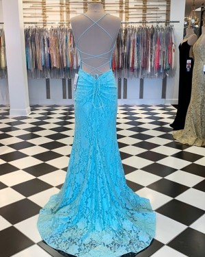 Cyan Spaghetti Strap Lace Mermaid Prom Dress PM1857