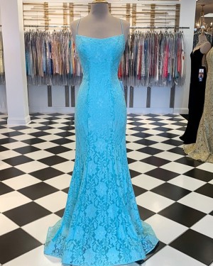 Cyan Spaghetti Strap Lace Mermaid Prom Dress PM1857