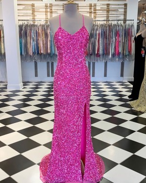 Rose Red Spaghetti Straps Sequin Prom Dress with Side Slit PM1858
