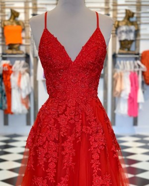 Lace Spaghetti Straps Appliqued Red Tulle Prom Dress PM1860