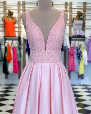 Pink Deep V-neck Beading Bodice Satin Pleated Prom Dress PM1861