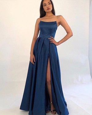 Simple Blue Strapless Pleated Slit Satin Prom Dress with Pockets PM1865