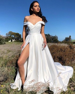 Simple White Off the Shoulder Satin Pleated Prom Dress with Side Slit PM1877