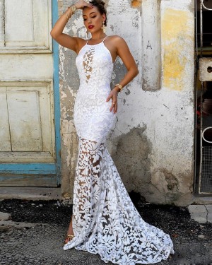 White Spaghetti Straps Lace Mermaid Prom Dress with Side Slit PM1878