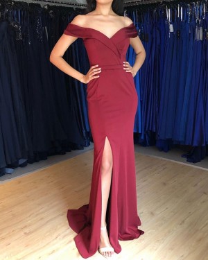 Simple Burgundy Off the Shoulder Mermaid Prom Dress with Side Slit PM1879
