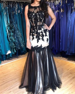 Black & White Jewel Neck Lace Appliqued Mermaid Prom Dress PM1880