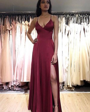 Simple Burgundy Spaghetti Straps Satin Prom Dress with Side Slit PM1882