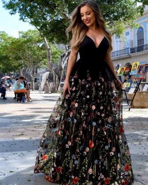 Black V-neck Satin A-line Prom Dress with Floral Lace Skirt PM1884