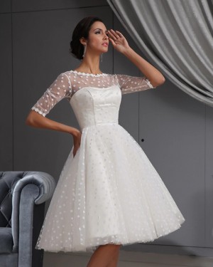Polka Dots Jewel Neck White A-line Short Wedding Dress with Half Length Sleeves PM1891