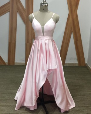 Spaghetti Straps Pink High Low Simple Prom Dress PM1900