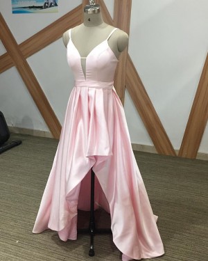 Spaghetti Straps Pink High Low Simple Prom Dress PM1900