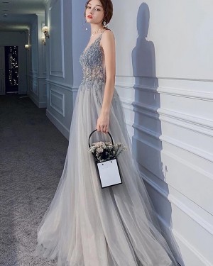 Beading Bodice V-neck Grey Pleated Evening Dress with Side Slit PM1901
