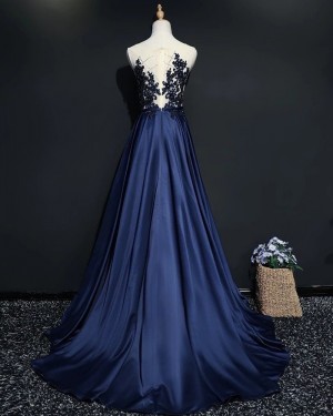 Beading Bodice Sheer Neck Navy Blue Satin Evening Dress PM1902