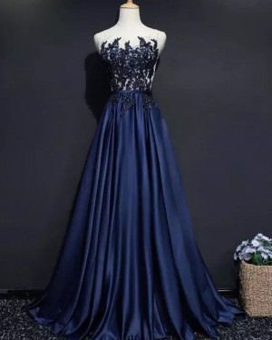 Beading Bodice Sheer Neck Navy Blue Satin Evening Dress PM1902