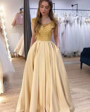 Yellow Scoop Neck Beading Bodice Prom Dress with Pockets PM1903