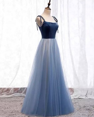 Navy Blue Spaghetti Straps Velvet Bodice Long Formal Dress PM1904