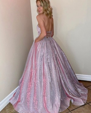 Pink Sparkle Sweetheart Metal Long Prom Dress with Pockets PM1905