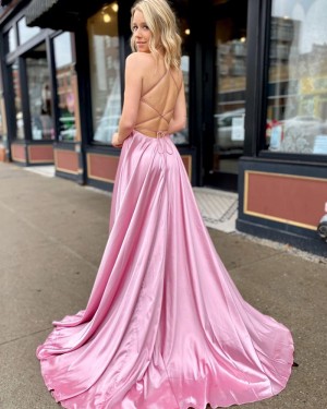 Simple Pink Satin Slit Spaghetti Straps Prom Dress with Pockets PM1906