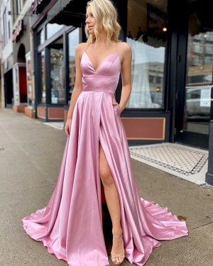 Simple Pink Satin Slit Spaghetti Straps Prom Dress with Pockets PM1906