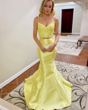 Yellow Lace Bodice Two Piece Mermaid Prom Dress PM1907