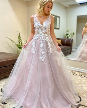 Lace Applique Tulle V-neck Cyan Prom Dress PM1908