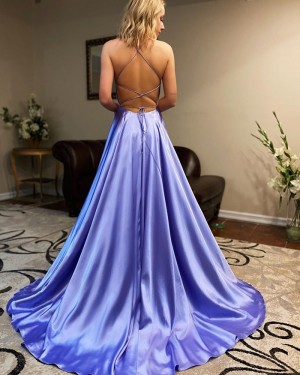 Spaghetti Straps Light Blue Satin Simple Prom Dress with Side Slit PM1911