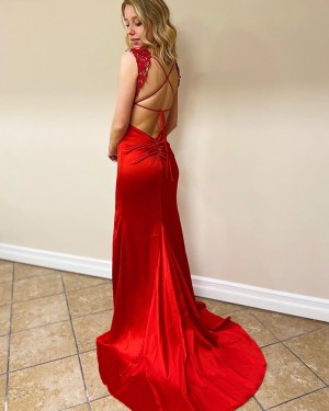 Lace Bodice Red Mermaid V-neck Prom Dress with Side Slit PM1913