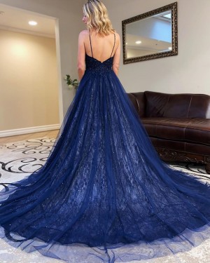 Navy Blue Beading Bodice Tulle Spaghetti Straps Prom Dress PM1914