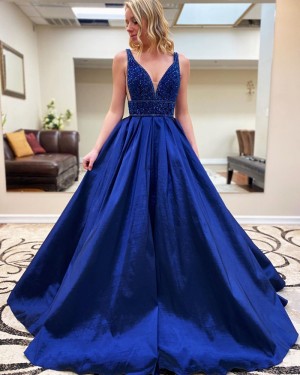 Royal Blue Beading Bodice Satin V-neck Prom Dress with Pockets PM1915