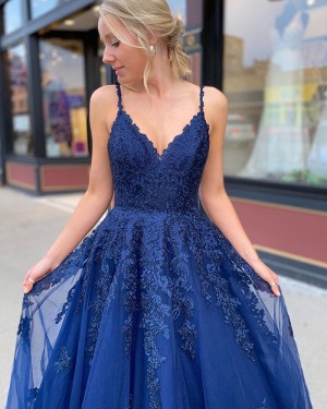 Lace Bodice Navy Blue Tulle Spaghetti Straps Prom Dress PM1916