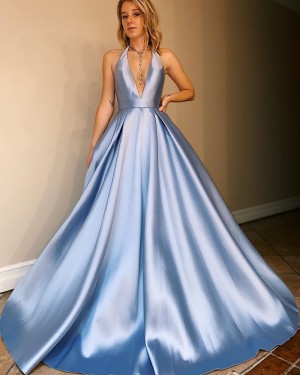 Halter Light Blue Satin Simple Prom Dress with Pockets PM1920