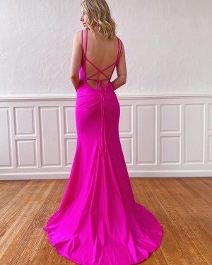 Double Spaghetti Straps Fuchsia Mermaid Satin Simple Prom Dress PM1923