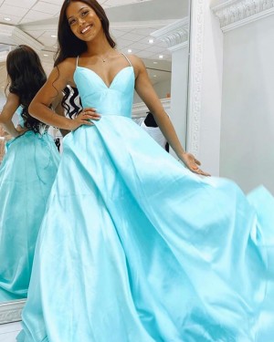 Spaghetti Straps Cyan Satin Simple Prom Dress PM1924