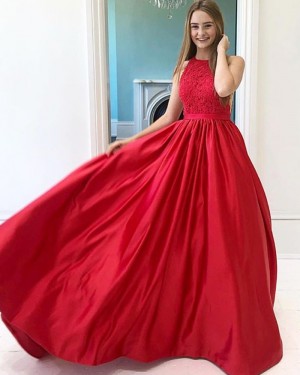 Lace Bodice Red Satin High Neck Prom Dress PM1931