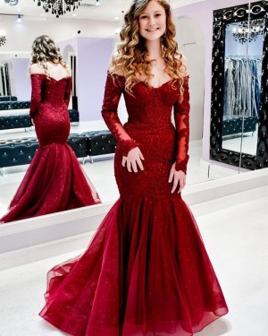 Lace Red Mermaid Off the Shoulder Prom Dress with Long Sleeves PM1937